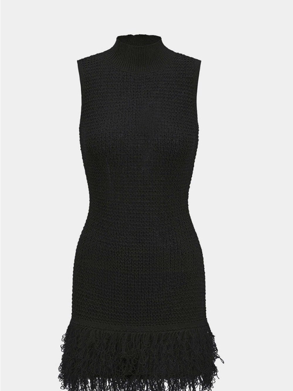 Sleeveless Black Knit Dress with Fringe Hem